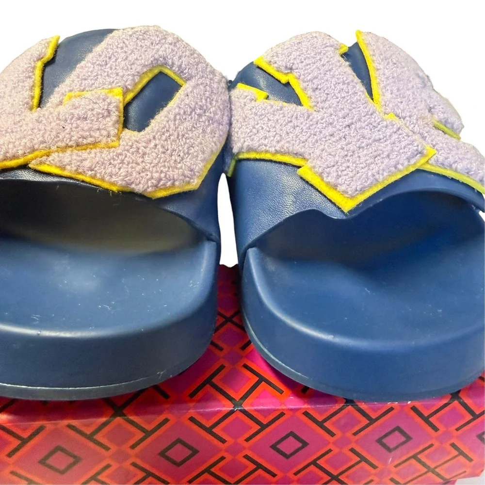 Tory Burch Love Slide Blue Wash Lavender Chenille Patch Platform Sandals  8